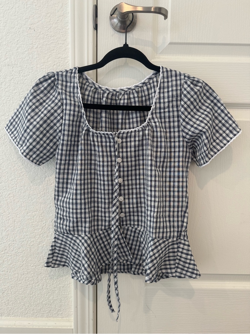 Blue Plaid Short-Sleeve Peplum Button-Front Top